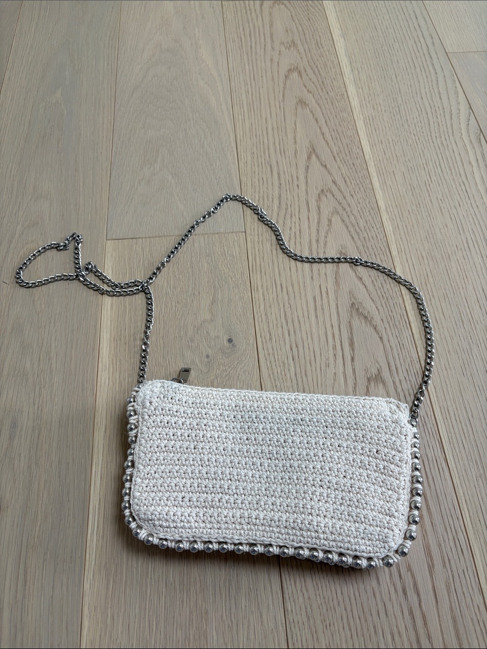Zara Cream Woven Crossbody Bag with Silver Chain Strap